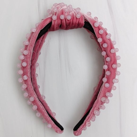 Mauve Pink Beaded Knot Velvet Headband Pink Quartz Swirl Acrylic Beads Handmade main image 8